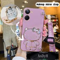 AnDyH Long Lanyard Casing For Realme C33 5g REALME 10 2022 4G realme 10 pro 5G REALME 10 PRO PLUS phone case Hello Kitty Makeup Mirror Stand