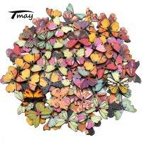 TMAY30028 100pcs Butterfly Buttons 21x28mm Colorful Wooden Buttons 2 Holes Retro Painted Butterflies Buttons