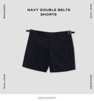 [GROUNDER] NAVY DOUBLE BELT SHORT SHORTS กางเกงขาสั้น เอวปกติ ใส่สบาย ผ้าวูลผสม ใส่เที่ยว ใส่ทำงาน กางเกงสีดำ เข็มขัดประดับข้าง