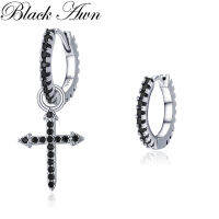 Black Awn 925 Sterling Silver Round Black Trendy Spinel Engagement Cross Hoop Earrings for Women Fine Jewelry Bijoux I203