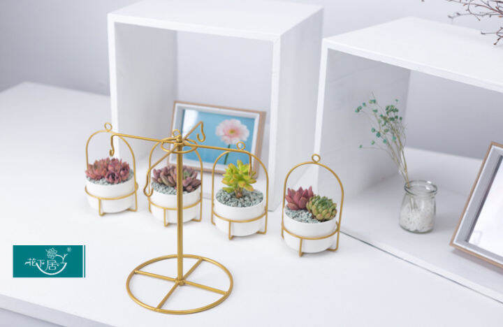 creative-carousel-hanging-pot-flower-stand-round-ceramic-succulent-flower-pot-combination-iron-frame-set