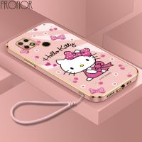 Casing Xiaomi Redmi 7 8 8A 9 9A 9C 9T 10 10A 10C K20 K30 K40 Pro Ultra-thin Plating Square Lovely Cartoon Hello Kitty Silicone Case with Lanyard Phone Case