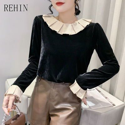 REHIN Women S Top Europe Style Ruffle Round Collar Black Velvet Long Sleeve Shirt Elegant Blouse
