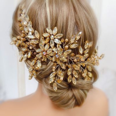 【YF】 Bride Women Large Crystal Wedding Hair Comb Champagne Bridal Side Full Rhinestone Accessorie for and Girls