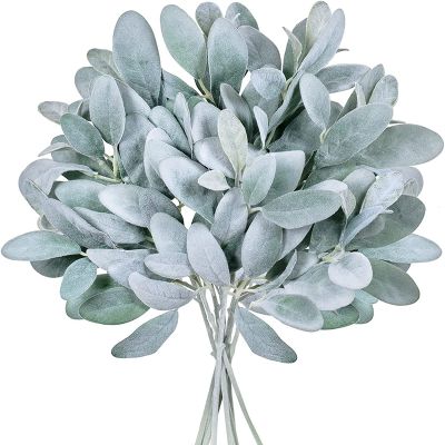 48Pcs Artificial Flocked Lambs Ear Leaves Stems Faux Lambs Ear Branches Picks Greenery Sprays for Vase Bouquet Wreath