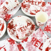 ❈₪✕ Halloween Red Scary Blood Handprint Disposable Tableware Paper Cup Paper Plate Tablecloth Halloween Party Decoration Supplies