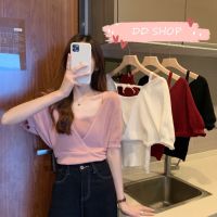 DD SHOPพร้อมส่ง 3018 เสื้อไหมพรมแขนสั้นเปิดไหล่มีสายเดี่ยวในตัว ผ้าร่องสวยๆ