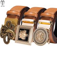 Luxury Orange Cow Leather Mens Belts Gold Animals Tiger Wolf Automatic Buckles Ratchet Waistband Men Belt for Dress Jeans Casual Belts