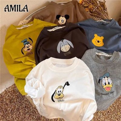 AMILA เสื้อยืดแขนยาวสำหรับเด็ก,ผ้าฝ้ายพิมพ์ลายการ์ตูนเสื้อแขนยาวลำลองสำหรับเด็กผู้ชายและเด็กผู้หญิง