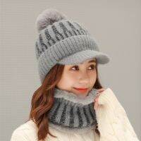 {[Hana Clothing Store] ยี่ห้อใหม่ฤดูหนาว Visor หมวกผู้หญิงผสมสีถัก Beanie Skullies หมวกหญิงหนากำมะหยี่ผม Ball Warm Bonnet หมวก Bib ชุด