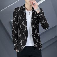 ZZOOI Korean Slim Men Blazers Fashion Print Business Casual Suit Jacket Hairstylist Wedding Groom Dress Coat Streetwear Costume Homme