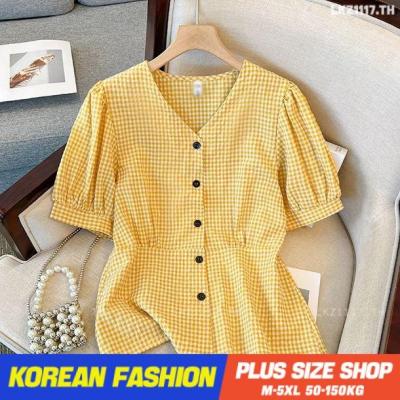 Plus size เสื้อผ้าสาวอวบ❤ เสื้อสาวอวบอ้วน ไซส์ใหญ่ ผู้หญิง เสื้อลายสก๊อต ทรงหลวม แขนสั้น คอวี ฤดูร้อน สไตล์เกาหลีแฟชั่น V728