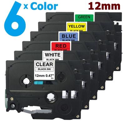 6 Color Tape for Brother PTouch 12mm TZe TZ 131 231 431 531 631 731 Black Print on Clear / White / Red / Blue / Yellow / Green Label Cassette Compatible with P-Touch P Touch PT-H107B Labeler/ Label Maker Printer Mixed Multicolor Multi Pack