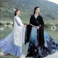 Plus ขนาด6XL Hanfu คู่จีนแบบดั้งเดิมเย็บปักถักร้อยเสื้อผ้าผู้ใหญ่ฮาโลวีน Cos เครื่องแต่งกายสีดำสีฟ้า Hanfu สำหรับผู้ชายผู้หญิง...