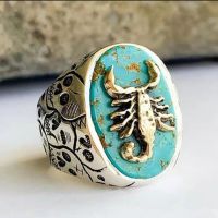 Bohemia Punk Cool Male Finger Ring Vintage Turquoises Scorpion Animal Large Oval Ancient Stone Ring Hip Hop Gothic Jewelry