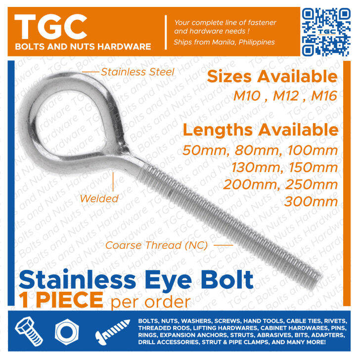 1PCS Stainless Eye Bolt M10 , M12 , M16 X 50/80/100/130/150 MM SS304 Cable Clamp for Rope Cables