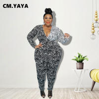 CM.YAYA Women Plus Size Jumpsuit Print Patchwork Full Sleeve V-neck Pencil Jumpsuits Fashion One Piece Overalls Summer Outfit