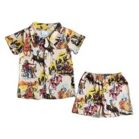 Girls Clothing Sets Button Short Sleeve Top People And Animals Shorts 2 Piece Set