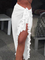 ผู้หญิงชีฟอง See-Through Beach บิกินี่ Cover Up Wrap ผ้าพันคอชุดว่ายน้ำ Pareo Sarong Dress Solid Ruffle Casual Beach Dress