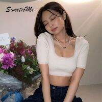 Sweeticme เสื้อยืดลําลอง สําหรับสตรีแขนสั้นคอเหลี่ยม