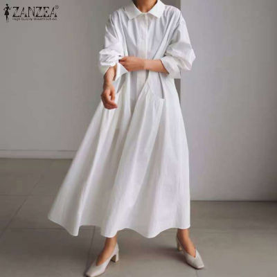 (สินค้ามาใหม่)(จัดส่งฟรี)Fancystyle ZANZEA สไตล์เกาหลีของผู้หญิงเปิดลง-คอเสื้อแขนยาวชุดเดรสลำลองทรงหลวมแขนยาวเสื้อคอปก #10