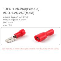 ขั้วต่อขั้ว Fdd/mdd 6.3มม. สีแดงน้ำเงินเหลืองสำหรับท่านชายหญิงขั้วต่อขั้วฉนวนไฟฟ้าขั้วต่อปลั๊กสายเคเบิ้ล50ชิ้น