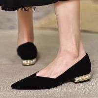 ✜☼♂ Fashion Pearls Heeled Shoes Women Casual Flock Pumps Low Heels Pointed Toe V Mouth Slip On Office Work Shoes