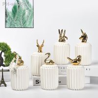 Nordic small animal electroplating ceramic toothpick storage with cover cotton swab storage box desktop finishing jewelry box