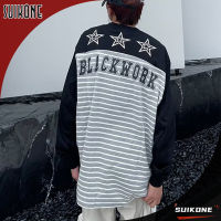 Suikone เสื้อสเวตเตอร์ลายทางของผู้ชายแขนยาวหล่อๆสไตล์ฮิปฮอปเสื้อกันหนาวเรโทรต่อกันคอกลมทันสมัย