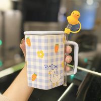 Cute Girl Mug with Strawberry Straws Ceramic Mug with Lid Coffee Cup Bear Pattern Mug Kawaii Mug