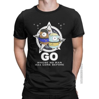 Golang Go Where No Man T-Shirts For Men Programmer Vintage Pure Cotton Tees Round Neck Classic T Shirt Plus Size Clothes