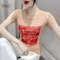 YIMEI เสื้อคอกลมสไตล์ต่างชาติทรงเข้ารูปเสื้อแขนสั้นพอดีตัวดอกไม้ตั้งตำแหน่งเสื้อยืดพิมพ์ภาพหน้าจอฤดูร้อนแฟชั่น2023