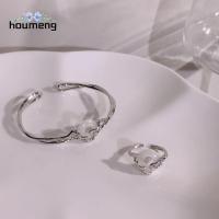 HOUMENG สร้อยข้อมือเรซินเทียมหยกเทียมสไตล์วินเทจสีเงินปรับบุคลิกที่ประณีตกำไลข้อมือสตรีกลวงออกแหวนเปิดแบบไม่สม่ำเสมอ