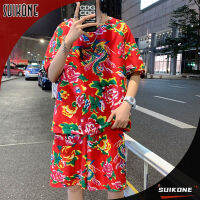 Suikone เสื้อยืดพิมพ์ลายแขนสั้นผ้าดิบสไตล์ชาติพันธุ์สำหรับทุกเพศ