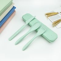 Green Environmental Portable Reusable Dinner Knife Spoon Fork Travel Picnic Wheat Straw Tableware Cutlery Set With Carrying Box Flatware Sets