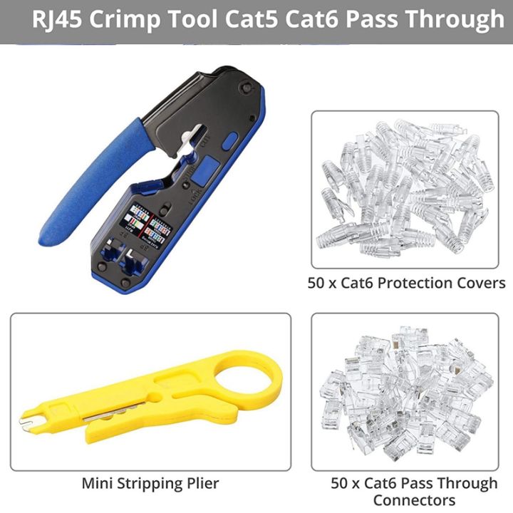 rj45-crimp-tool-set-all-in-one-stripper-cutter-with-50-pc-cat6-pass-through-connectors-50-pc-rj45-cat6-protection-covers