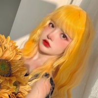 Wig Women Long Curly Hair Lemon Yellow Wool Roll Air Bangs Curly Wig Cosplay Wig dkx