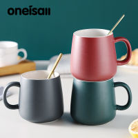 Oneisall 380 มิลลิลิตรเซรามิกแก้วเซรามิกน้ำถ้วยกาแฟถ้วยสำนักงานที่มีการจัดการแมตต์การออกแบบแก้วด้วยช้อน