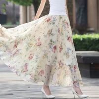 กระโปรงชายหาดสำหรับสุภาพสตรี 2022 floral new summer chiffon skirt large swing pleated skirt high waist large size beach skirt skirt female