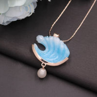 Minar Fantasy 3D Resin Wave Necklace for Women Simulated Pearl Blue Ocean Waves Pendant Chokers Necklaces Elegant Birthday Gift