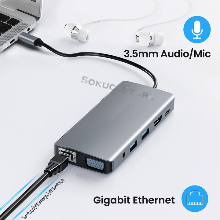 12-9-8ใน1-usb-ชนิด-c-ฮับชนิด-c-c-ถึง4k-hdmi-เข้ากันได้ตัวรับ-vga-rj45-lan-อีเทอร์เน็ตการ์ดความจำ-pd-3-5มม-เสียง-ไมโครโฟนสำหรับ-macbook-pro-feona