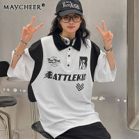 MAYCHEER   เสื้อโปโลแขนสั้นแบบลำลองสำหรับคู่รัก,เสื้อยืดวินเทจแขนสั้นเหมาะสำหรับชายและหญิง