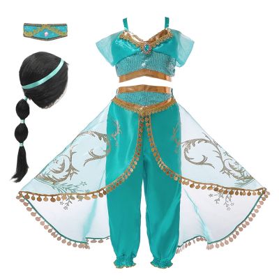 Princess Jasmine Dress For Girls Halloween Cosplay Party Fantasy Costumes Top Pants 2pcs Set Kids Lace Casual Sleeveless Dresses
