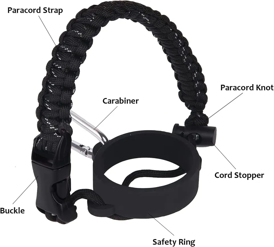 QeeCord 2.0 Paracord Handle for Hydroflask 2.0 Wide & Standard Mouth Water  Bottles Strap Carrier with New Safety Ring Holder, 12oz - 64oz 32 oz-40 oz  Wide Mouth Black