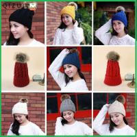 QIZUI Women Winter Warm Wool Knit Hat Raccoon Fur Beanie Crochet Cap Pom Bobble