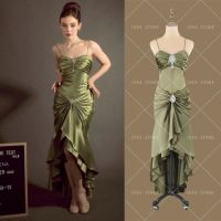 【HOT】♘ 14085 IENA Spaghetti Collar Pleat Taffeta Prom Evening Dresses