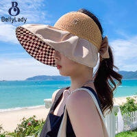 Women Sunscreen Hat Cotton Checkerboard Plaid Empty Top Wide Large Brim Foldable Magic Tape Sunshade Cap【fast】