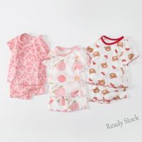 【Ready Stock】 ◐✠ C22 Kids Pyjamas Summer Short Sleeve Round Neck Cute Flower Mesh Jacquard Clothes Baby Girl Cotton Sleepwear Suit