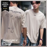 เสื้อยืดแขนสั้นคอกลมเสื้อ Oversize รุ่น "Signature V" - สี Beige | VelikaCotton 100%  [S-5XL]S-5XL