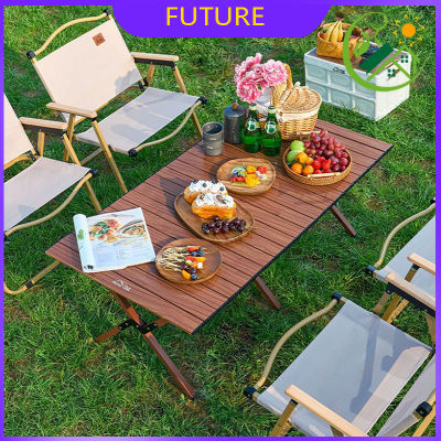 【FUTURE】โต๊ะแคมป์ปิ้ง โต๊ะสนาม ขนาด 90/120 cm. พับเก็บได้ วัสดุอลูมิเนียมลายไม้ ไม่เป็นสนิม พกพาสะดวกมีถุงใส่ / HomeUP